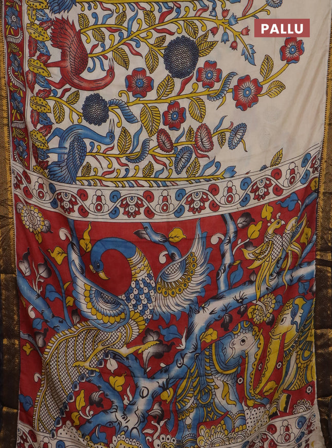 Kalamkari semi silk saree beige and black with allover prints and mangalgiri border