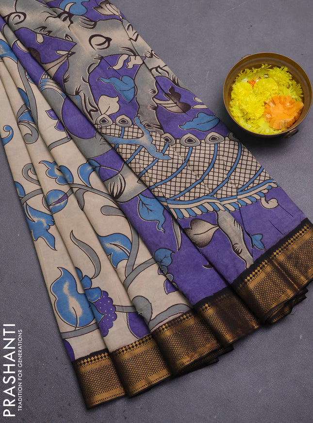 Kalamkari semi silk saree beige blue and black with allover prints and mangalgiri border