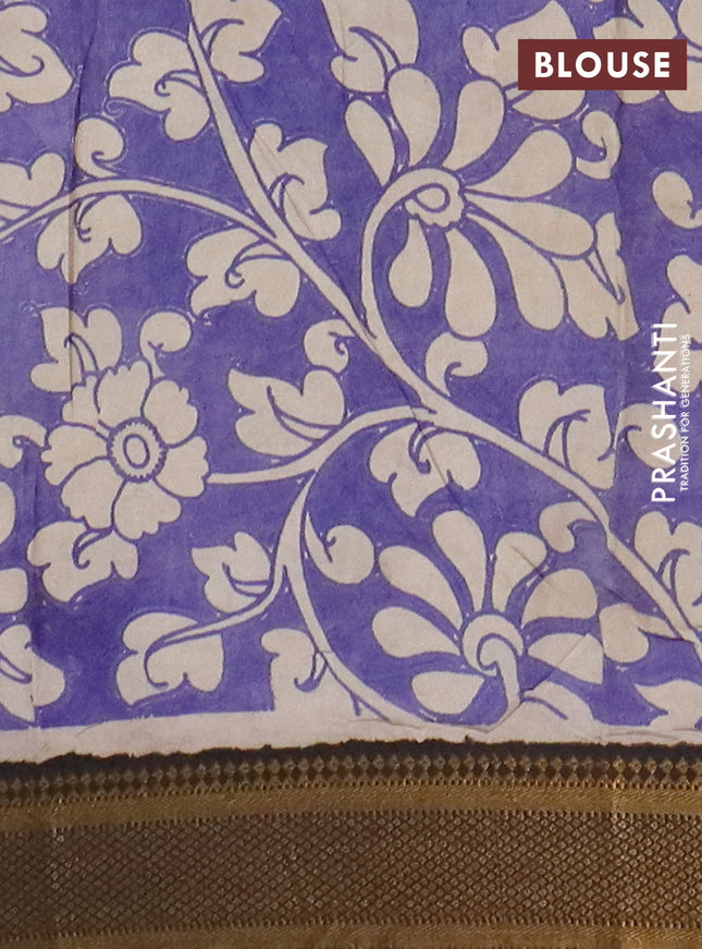 Kalamkari semi silk saree beige blue and black with allover prints and mangalgiri border