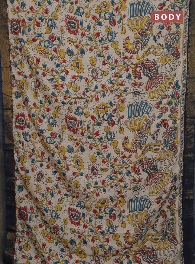 Kalamkari semi silk saree beige and peacock blue with allover prints and mangalgiri border