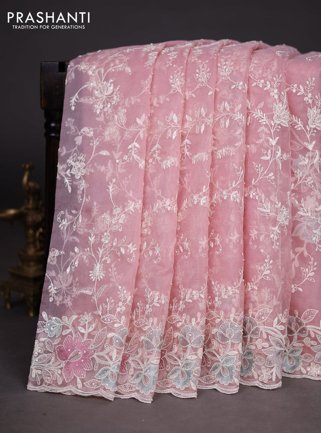 Organza silk saree baby pink with floral embroidery & sequin work