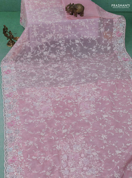 Organza silk saree baby pink with floral embroidery & sequin work