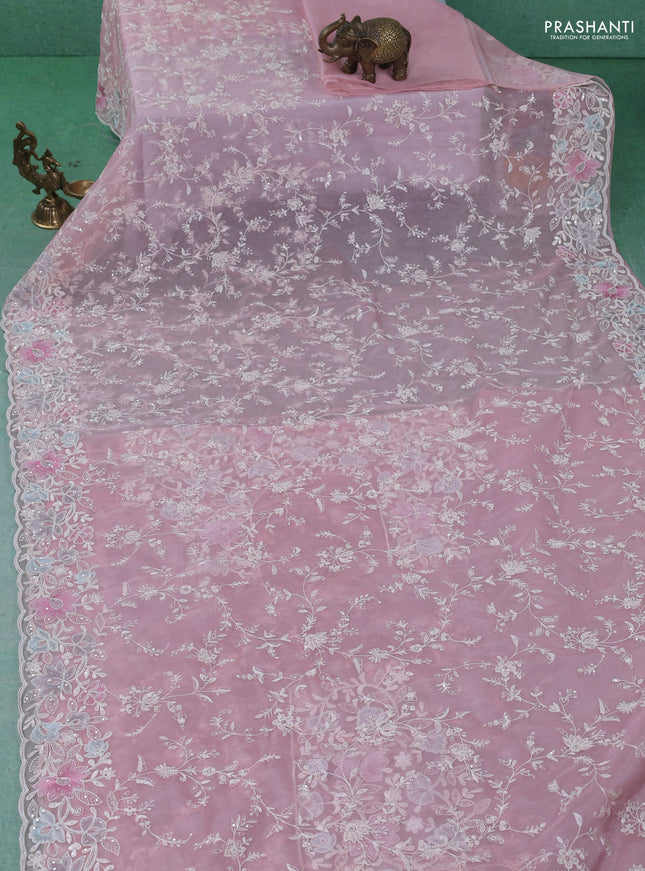 Organza silk saree baby pink with floral embroidery & sequin work