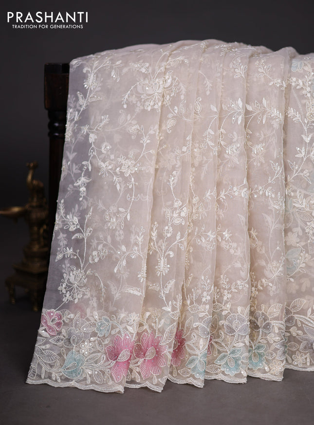 Organza silk saree off white with floral embroidery & sequin work