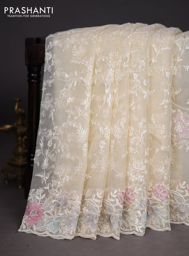 Organza silk saree cream with floral embroidery & sequin work