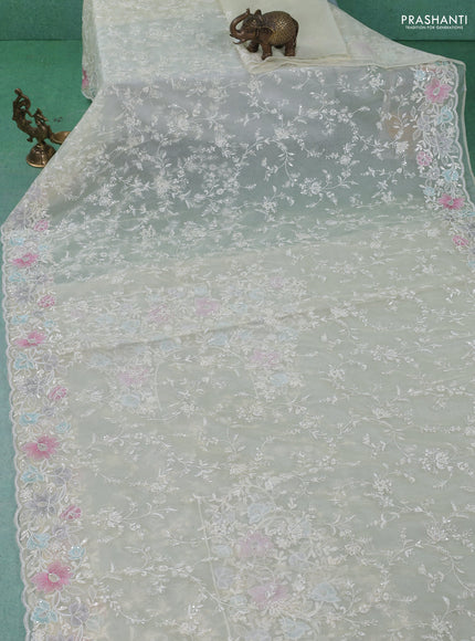 Organza silk saree cream with floral embroidery & sequin work
