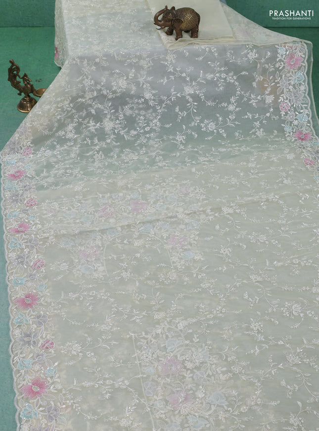 Organza silk saree cream with floral embroidery & sequin work