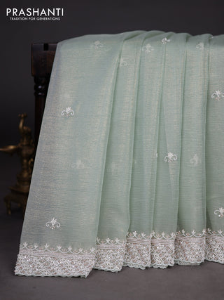 Crush tissue saree pastel green with beaded work and sequin & cut beaded work border