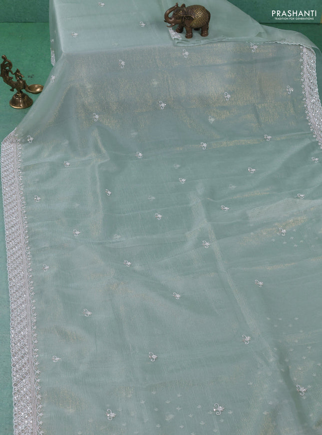 Crush tissue saree pastel green with beaded work and sequin & cut beaded work border