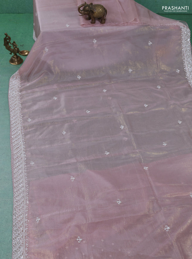 Crush tissue saree pastel pink with beaded work and sequin & cut beaded work border