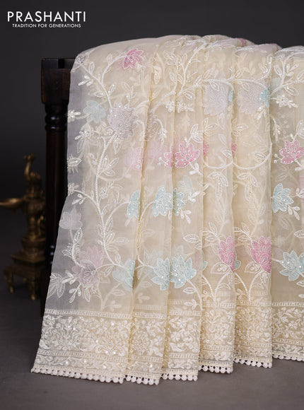 Organza silk saree cream with floral embroidery & sequin work