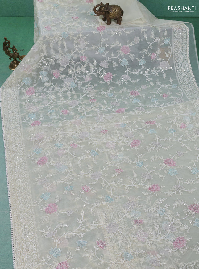 Organza silk saree cream with floral embroidery & sequin work