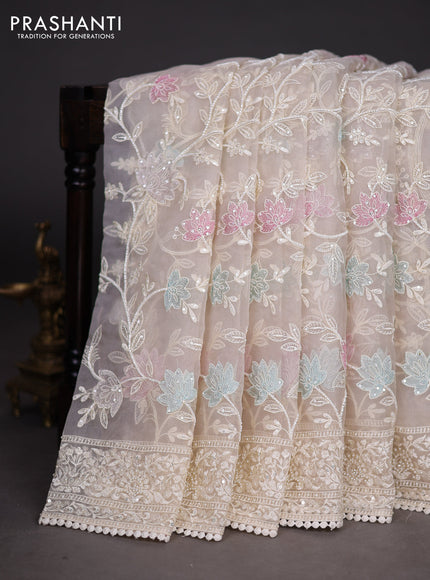 Organza silk saree cream with floral embroidery & sequin work