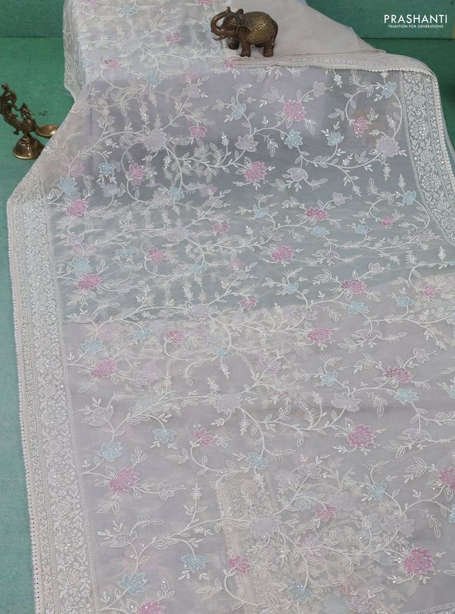 Organza silk saree cream with floral embroidery & sequin work