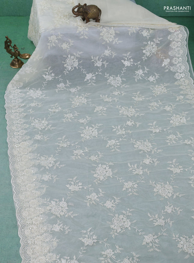 Organza silk saree cream with allover floral embroidery sequin work