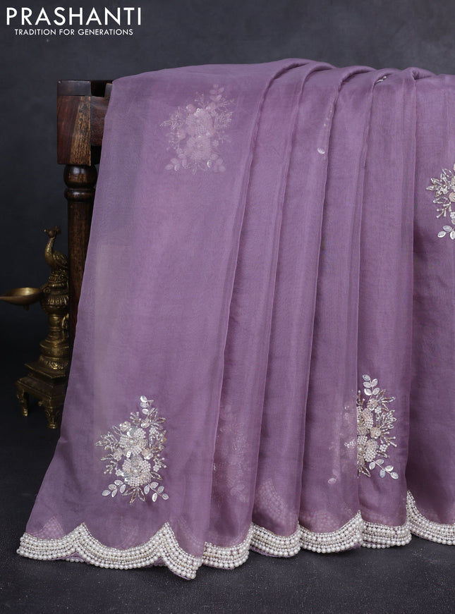 Organza silk saree pastel lavender with allover floral embroidery sequin work and beaded work border