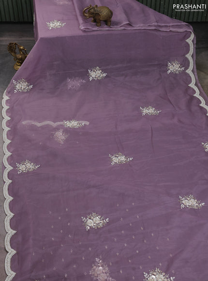 Organza silk saree pastel lavender with allover floral embroidery sequin work and beaded work border