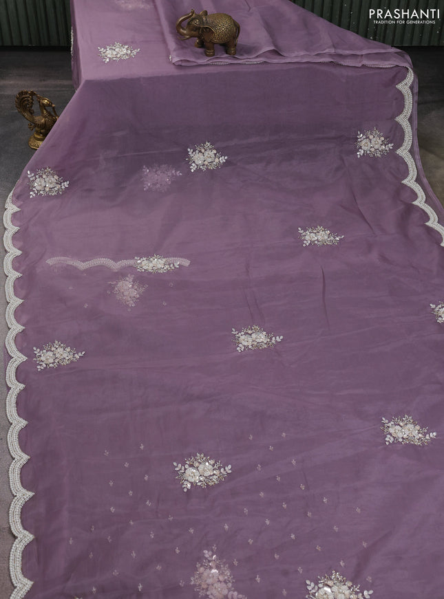 Organza silk saree pastel lavender with allover floral embroidery sequin work and beaded work border