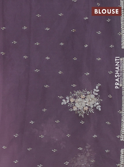 Organza silk saree pastel lavender with allover floral embroidery sequin work and beaded work border