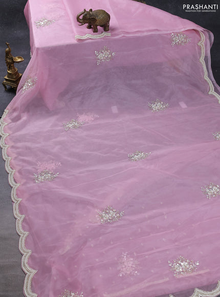 Organza silk saree light pink with allover floral embroidery sequin work and beaded work border