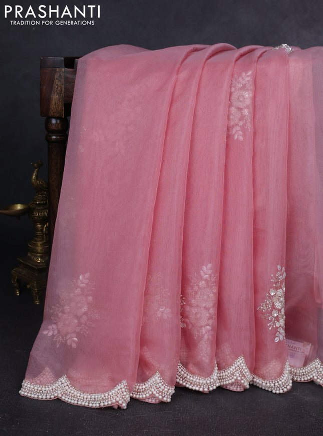 Organza silk saree peach pink with allover floral embroidery sequin work and beaded work border