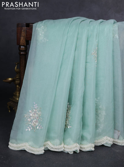 Organza silk saree pastel blue with allover floral embroidery sequin work and beaded work border