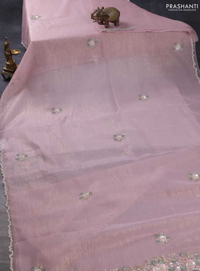 Crush tissue saree pastel pink with allover floral embroidery sequin work