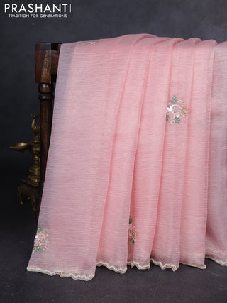 Crush tissue saree peach pink with allover floral embroidery sequin work