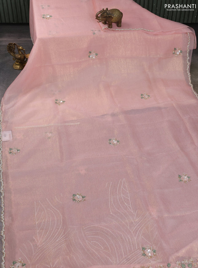 Crush tissue saree peach pink with allover floral embroidery sequin work
