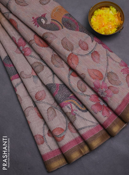 Art linen saree mustard shade and pastel grey with plain body and kalamkari printed pallu