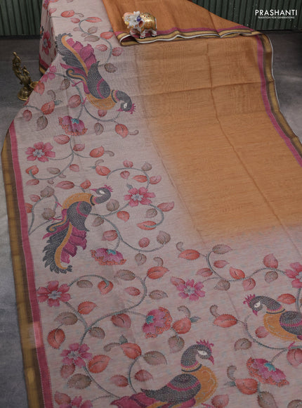 Art linen saree mustard shade and pastel grey with plain body and kalamkari printed pallu