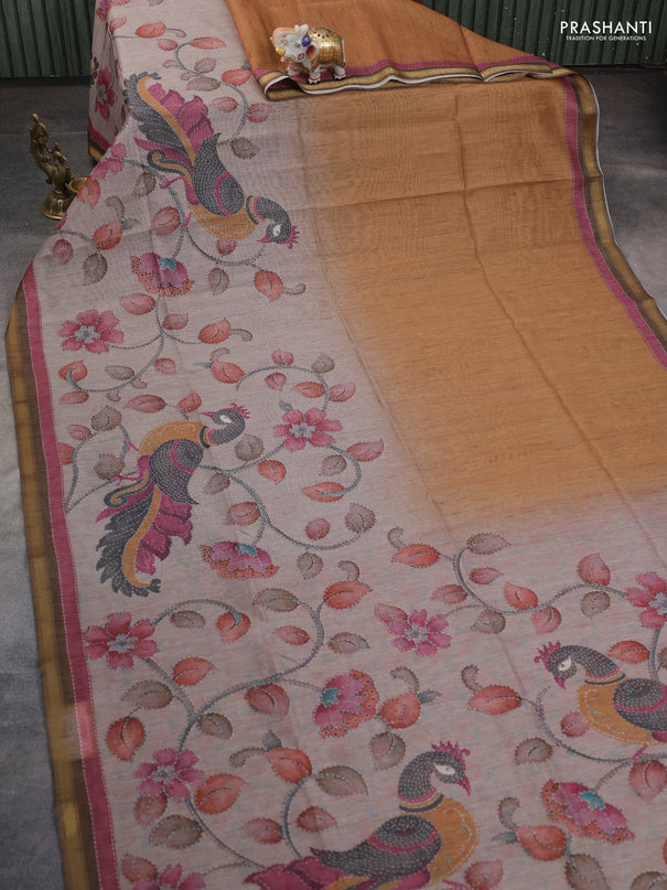 Art linen saree mustard shade and pastel grey with plain body and kalamkari printed pallu