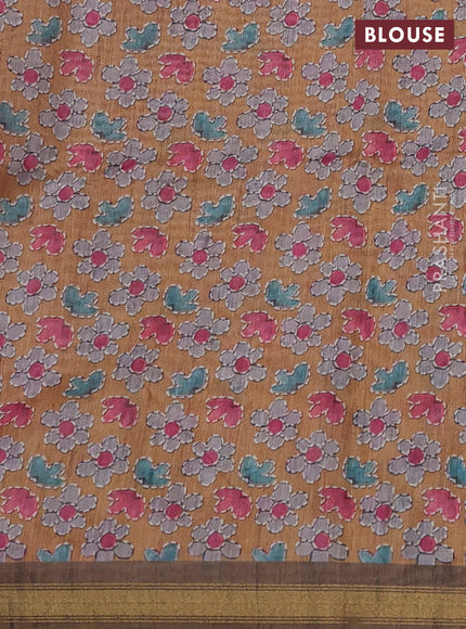 Art linen saree mustard shade and pastel grey with plain body and kalamkari printed pallu