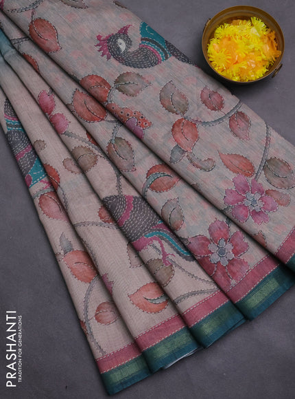 Art linen saree teal green and pastel grey with plain body and kalamkari printed pallu