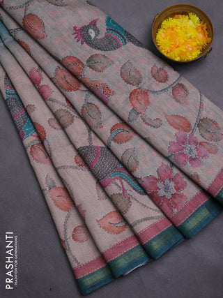 Art linen saree teal green and pastel grey with plain body and kalamkari printed pallu