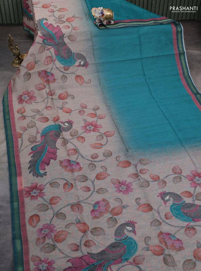 Art linen saree teal green and pastel grey with plain body and kalamkari printed pallu