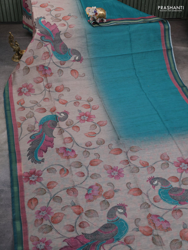 Art linen saree teal green and pastel grey with plain body and kalamkari printed pallu