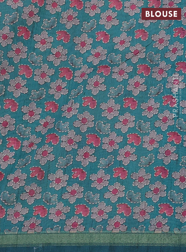 Art linen saree teal green and pastel grey with plain body and kalamkari printed pallu