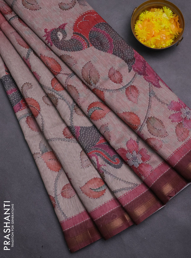 Art linen saree mauve pink and pastel grey with plain body and kalamkari printed pallu
