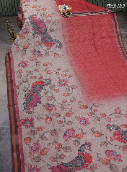 Art linen saree mauve pink and pastel grey with plain body and kalamkari printed pallu