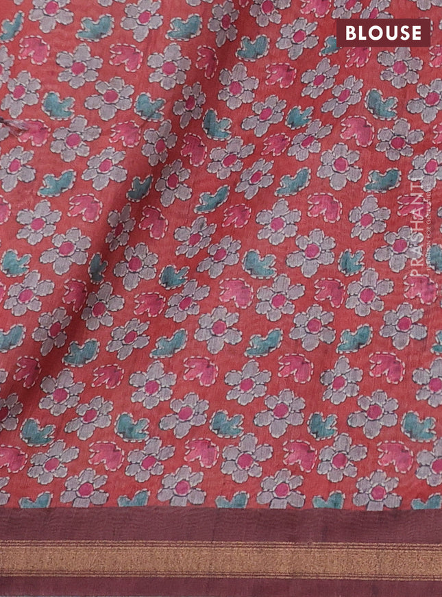 Art linen saree mauve pink and pastel grey with plain body and kalamkari printed pallu