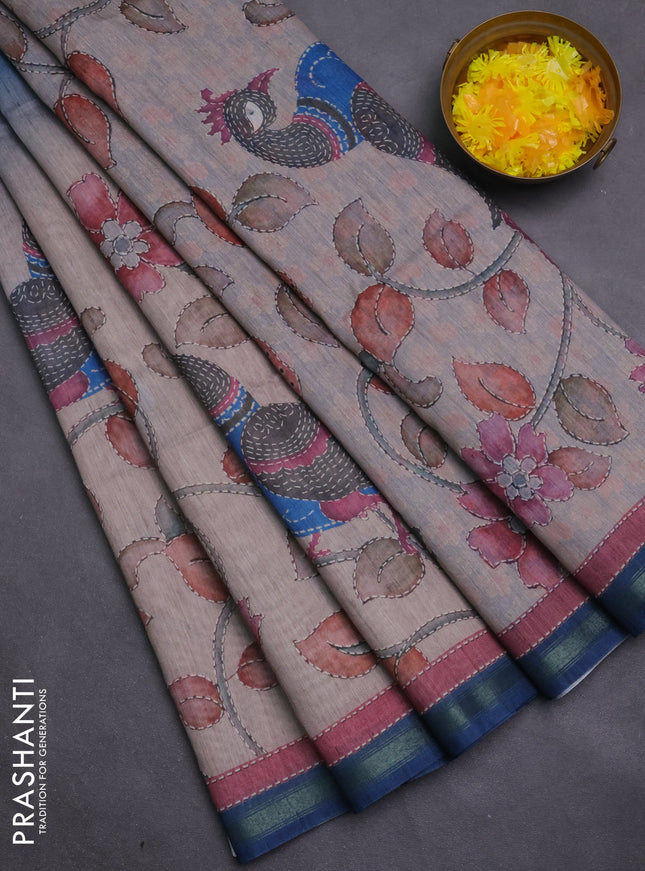 Art linen saree peacock blue and pastel grey with plain body and kalamkari printed pallu