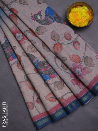 Art linen saree peacock blue and pastel grey with plain body and kalamkari printed pallu