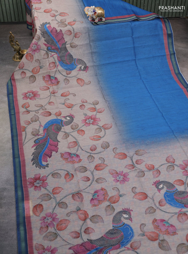 Art linen saree peacock blue and pastel grey with plain body and kalamkari printed pallu