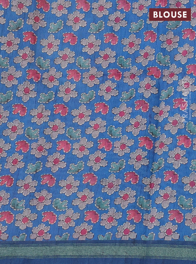 Art linen saree peacock blue and pastel grey with plain body and kalamkari printed pallu
