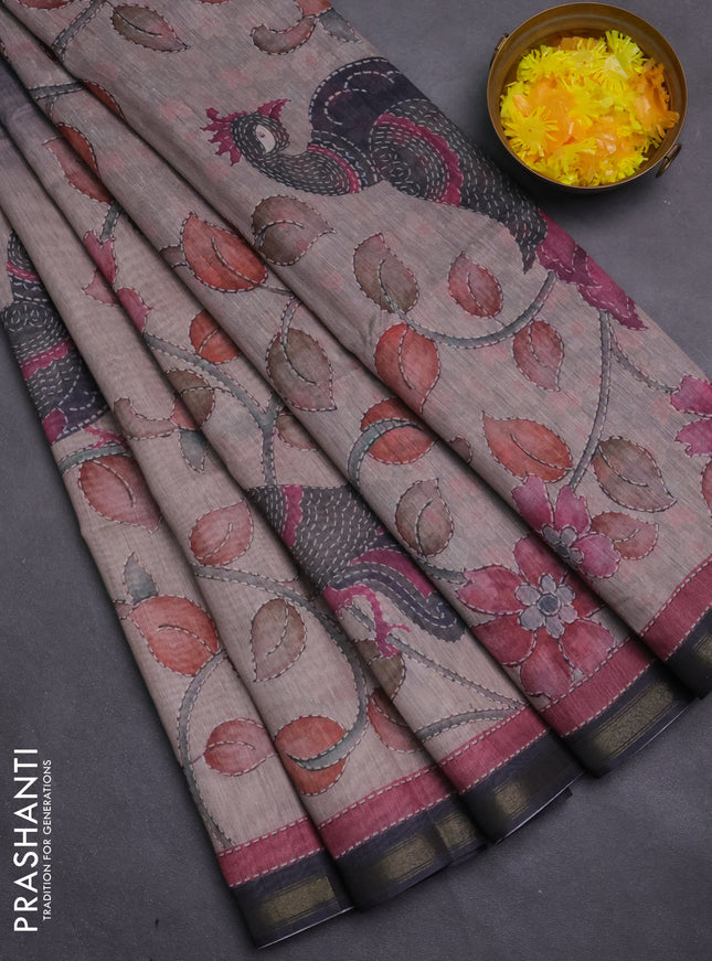 Art linen saree grey and pastel grey with plain body and kalamkari printed pallu