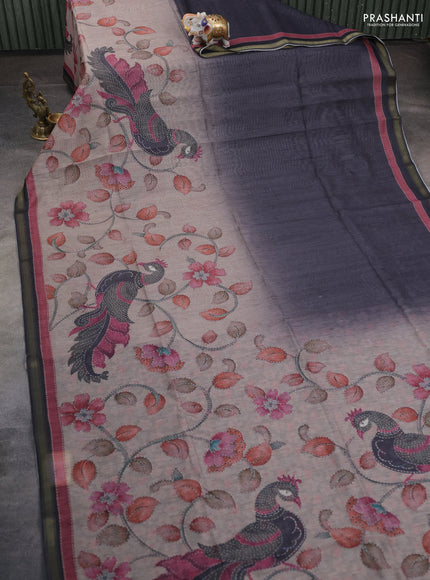 Art linen saree grey and pastel grey with plain body and kalamkari printed pallu
