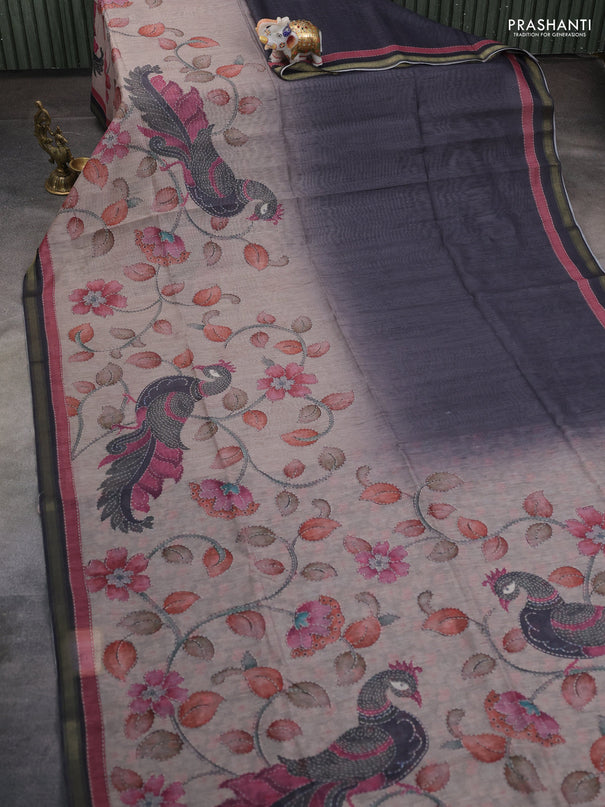 Art linen saree grey and pastel grey with plain body and kalamkari printed pallu