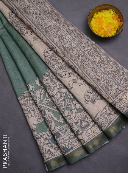 Art linen saree pastel green and beige with plain body and kalamkari printed pallu
