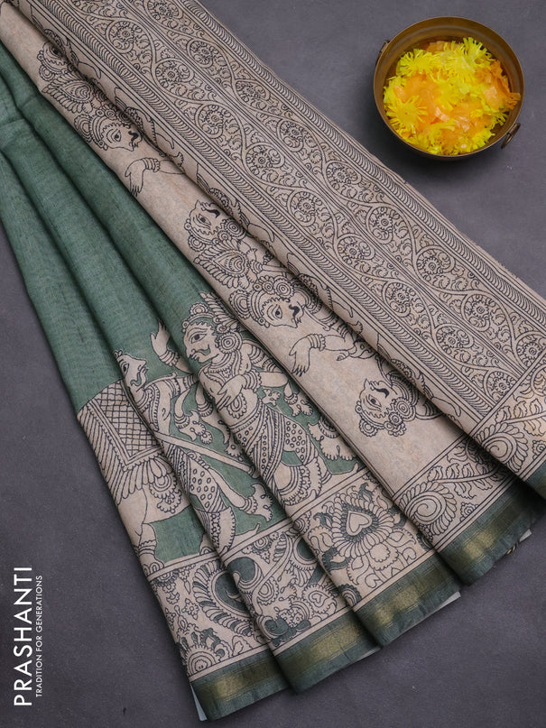 Art linen saree pastel green and beige with plain body and kalamkari printed pallu